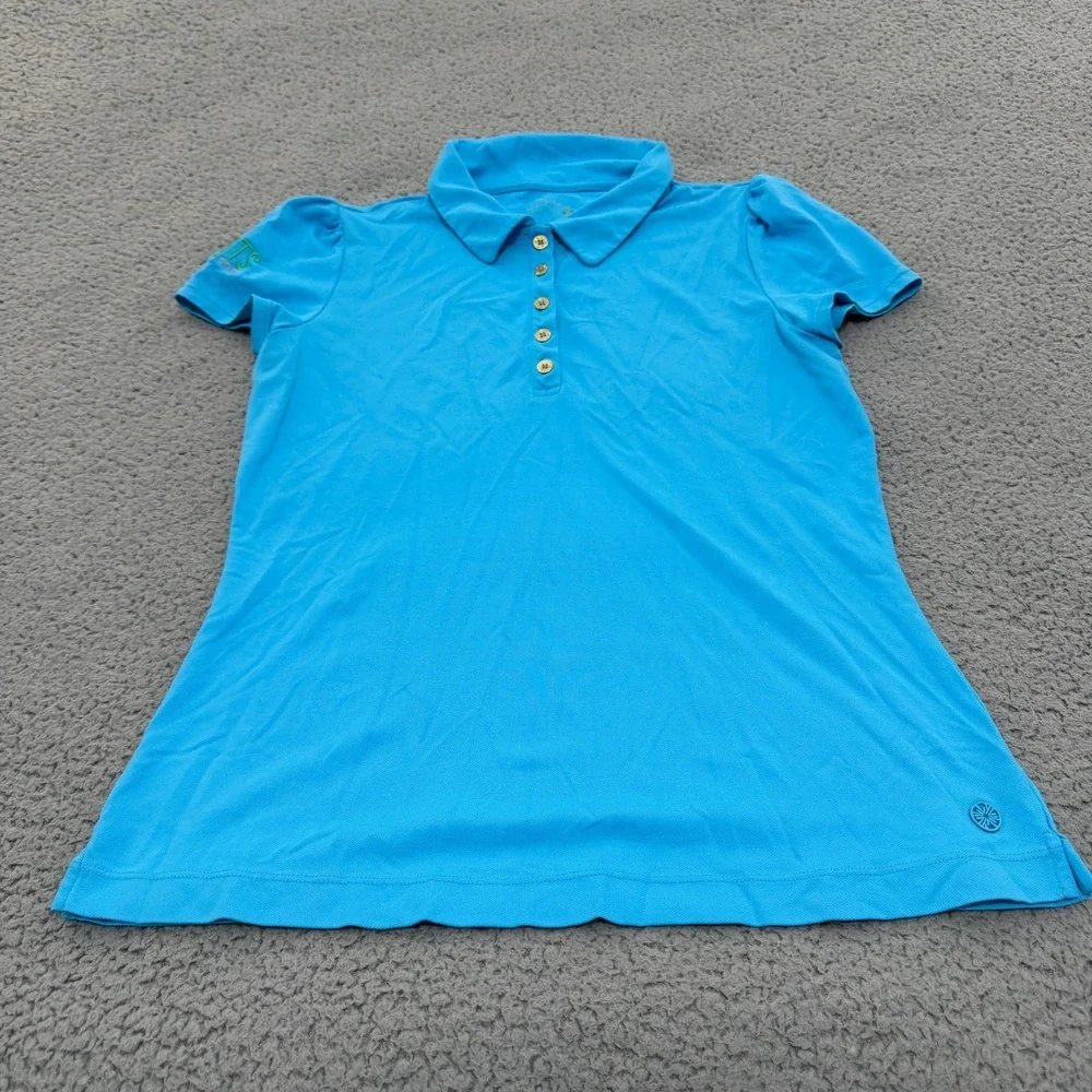 Lilly Pulitzer Luxletic Polo Shirt Womens Small Blue Short Sleeve Gold Buttons
